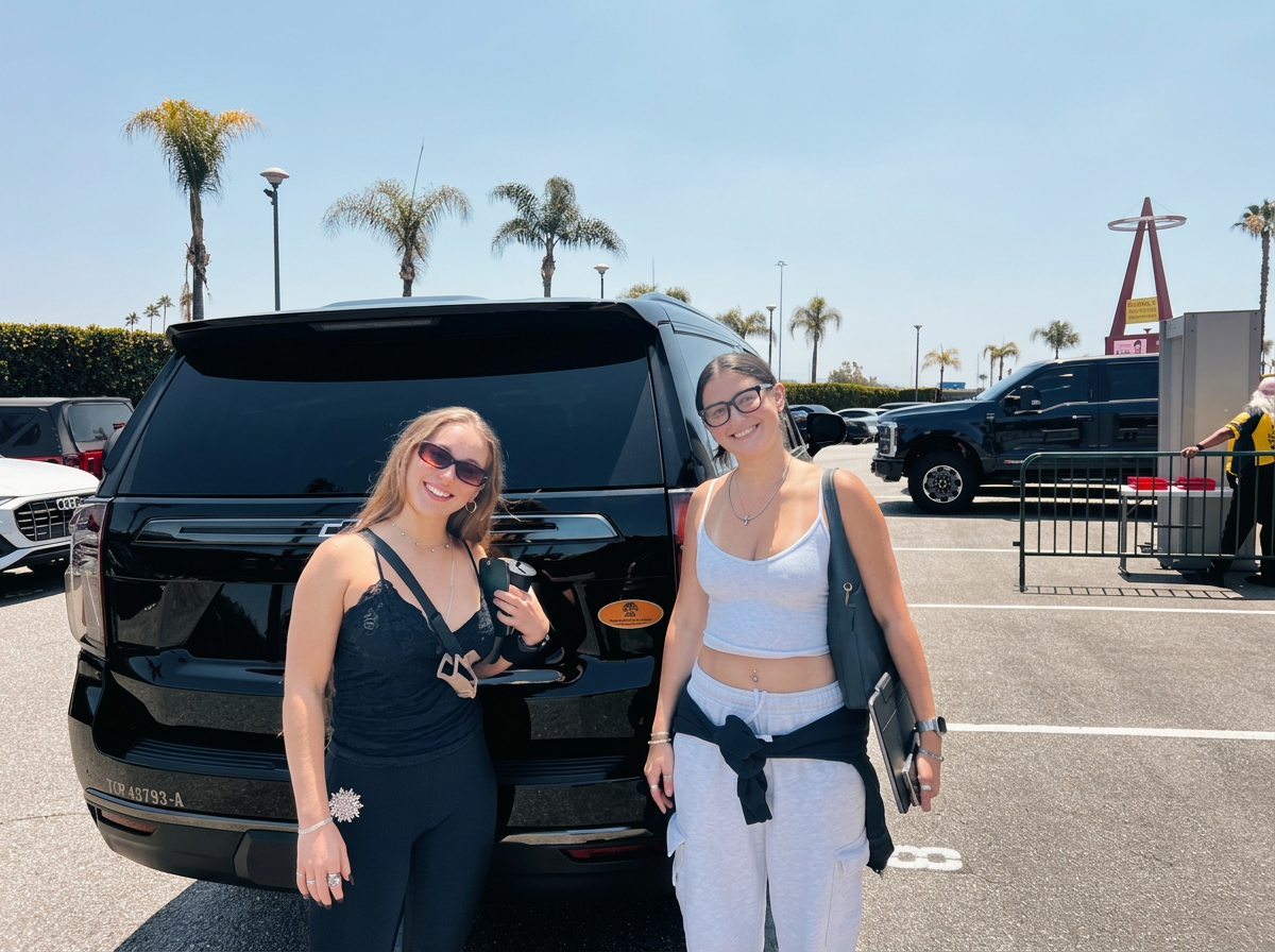 Happy clients beside one of our spotless luxury vehicles